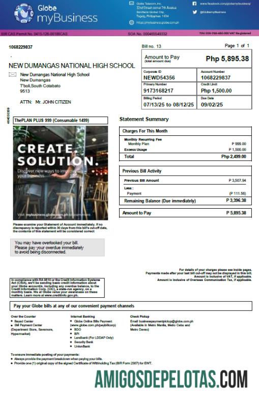 imprimível Modelo de fatura de serviços públicos do Globe MyBusiness das Filipinas em formatos Word e PDF